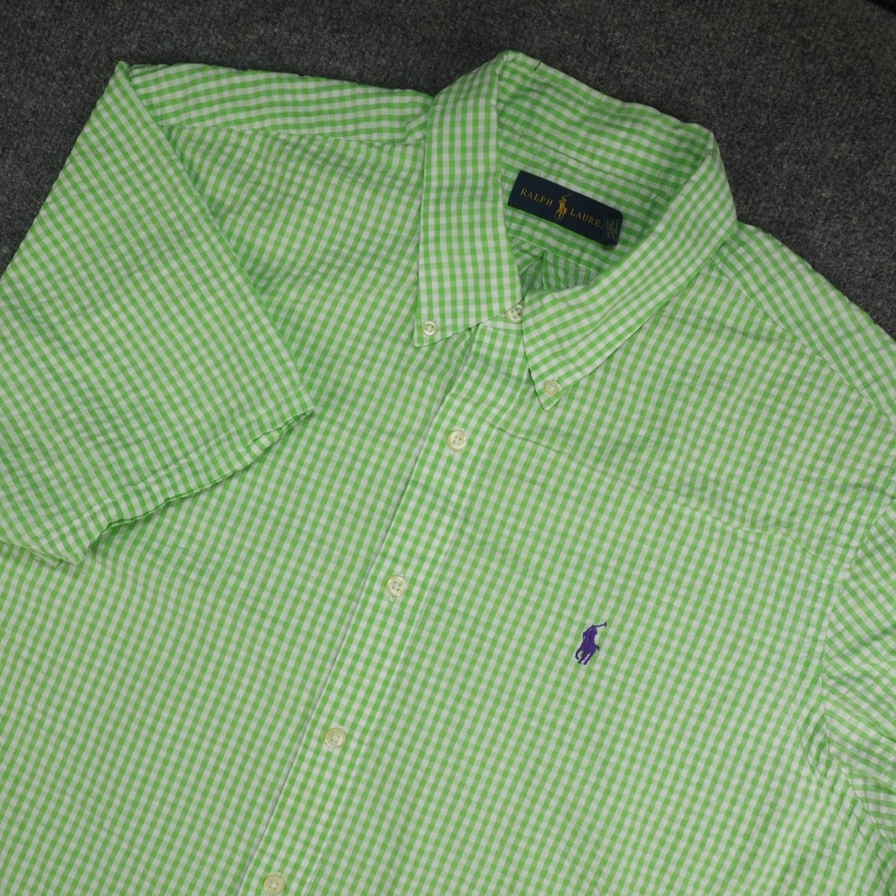 Ralph Lauren Shirt Mens XXL Button Down Green Gingham Seersucker Pony Logo - Picture 1 of 8